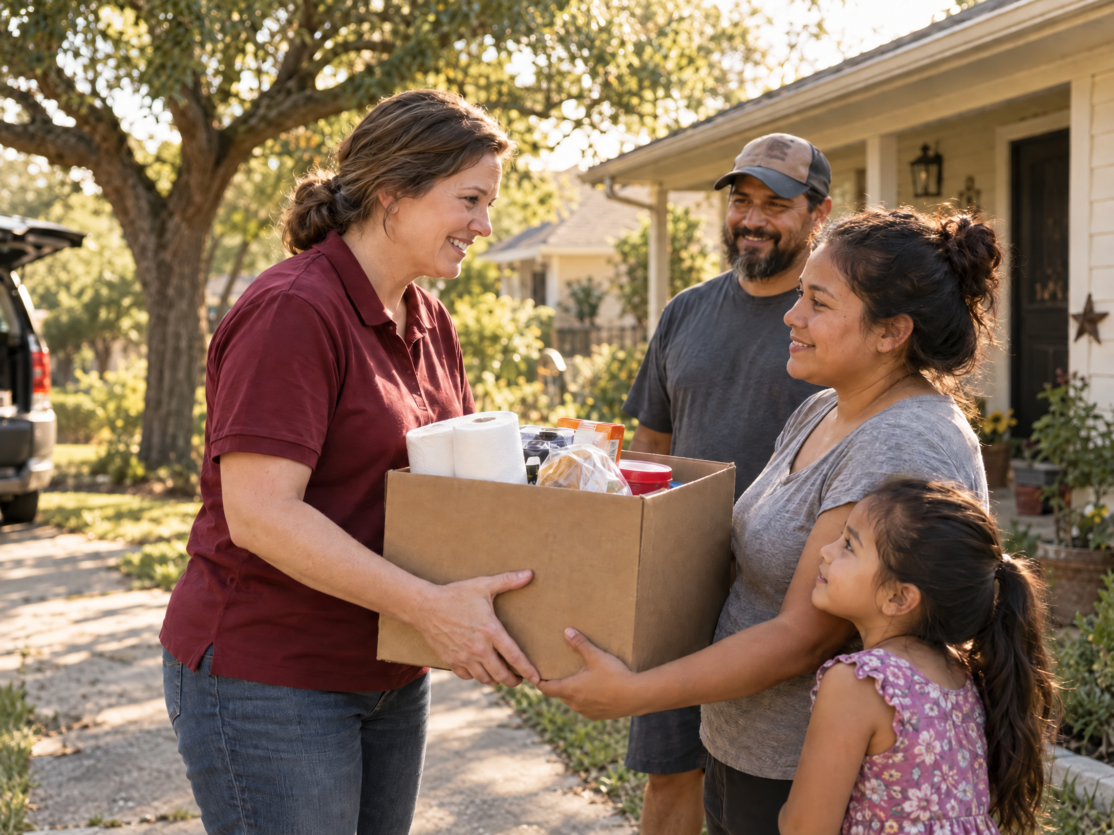 Illustrative scene of neighbors sharing household essentials outside a home